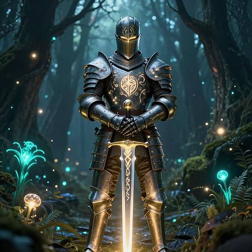 Digital artwork of a glowing, armored knight with intricate designs, standing in a mystical forest illuminated by ethereal blue lights.
