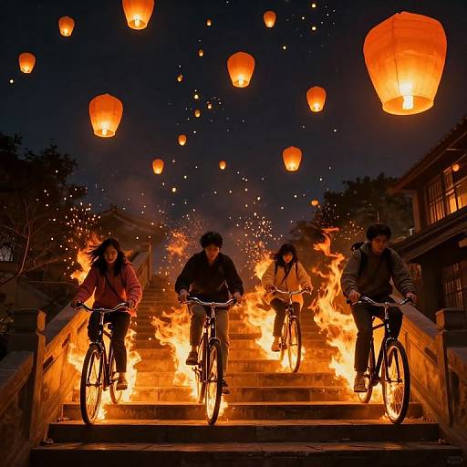 Cyclists Descend Amid Fiery Lanterns