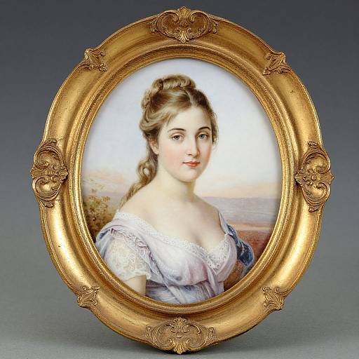 Photograph of a classical-style portrait painting in an ornate gold oval frame, depicting a young woman with fair skin, blonde hair in a bun,