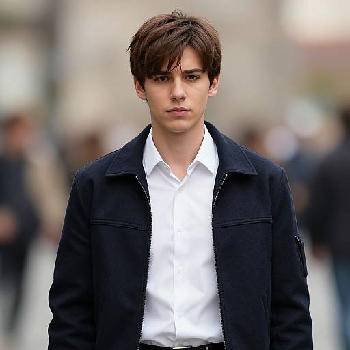 Photograph of a young, serious-faced man with brown hair, wearing a black jacket over a white shirt, standing in a blurred urban background.