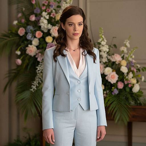 Photograph of a brunette woman in a light blue, single-breasted suit with a white blouse, standing in front of a colorful floral arrangement.