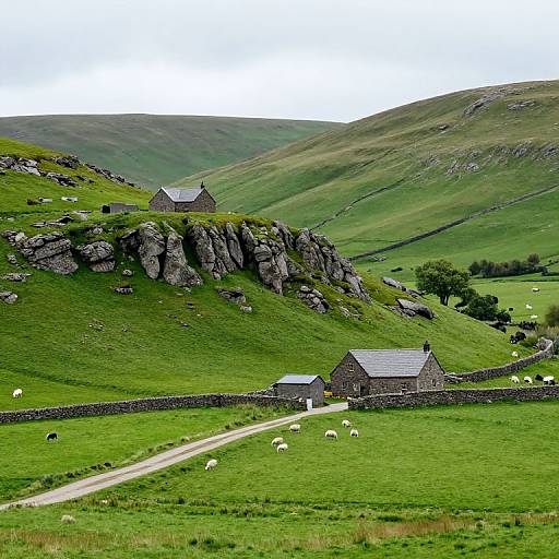Photograph of a lush green countryside with rolling hills, stone cottages, grazing sheep, and a stone wall cutting through the landscape.