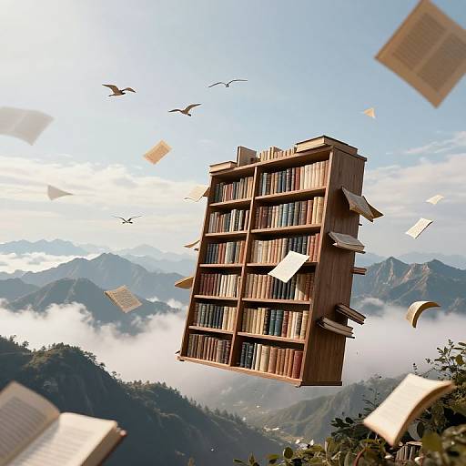 Surreal Floating Mountains of Books