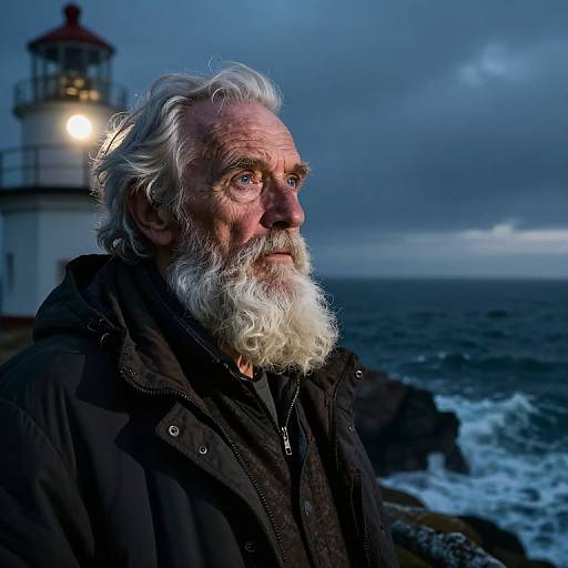 Photograph of an elderly man with a white beard, wearing a black jacket, standing by a lit lighthouse against a stormy, blue ocean backdrop