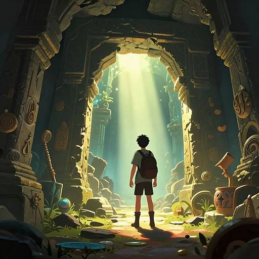 Digital art of a young boy with short hair, seen from behind, standing in a sunlit, ancient, ruined archway filled with scattered artifacts and
