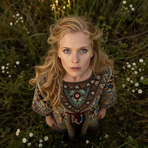 Photograph of a blonde woman with blue eyes, wearing a colorful, patterned dress, standing in a grassy field with small white flowers, looking