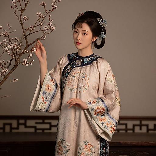 Traditional Asian woman in ornate, floral-patterned, cream-colored kimono, with black hair up, touching cherry blossom branch, against gray background.