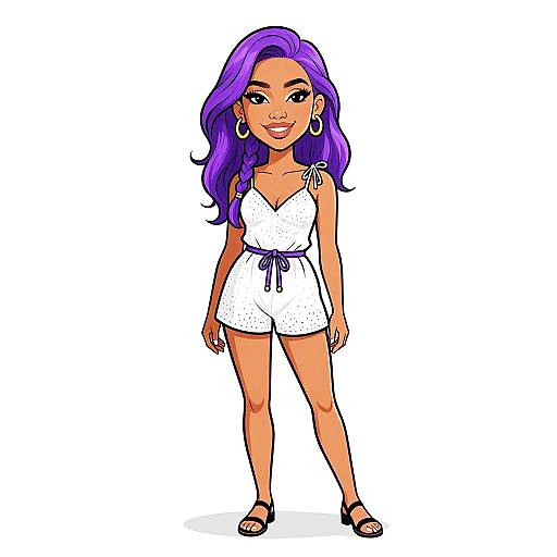Colorful digital illustration of a smiling woman with vibrant purple hair, wearing a white polka dot romper, black sandals, and large hoop earrings,