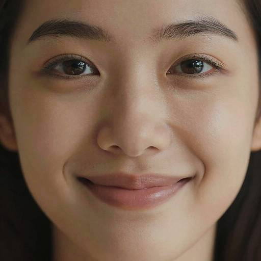 Close-up photograph of a young Asian woman with fair skin, dark brown eyes, and a gentle smile, featuring natural makeup and dark brown hair.