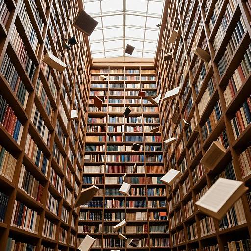Photograph of a grand library interior with tall wooden bookshelves filled with colorful books, floating paper sheets, and a bright skylight overhead.
