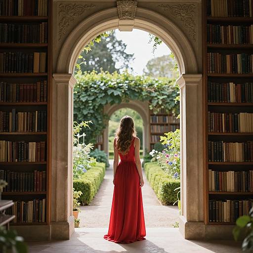 Photograph of a woman with wavy brown hair in a flowing red dress, standing in a sunlit garden archway, surrounded by bookshelves