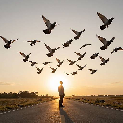 Photograph of a silhouetted person standing on a road at sunset, with a flock of birds flying overhead in a V-formation.