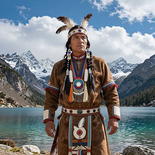 Photograph of a Native American man in traditional brown attire with feathered headpiece, colorful bead necklaces, and mountain lake background.
