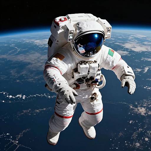 Photograph of an astronaut in a white spacesuit with a reflective helmet floating above Earth's blue, cloud-covered surface against a dark space background.