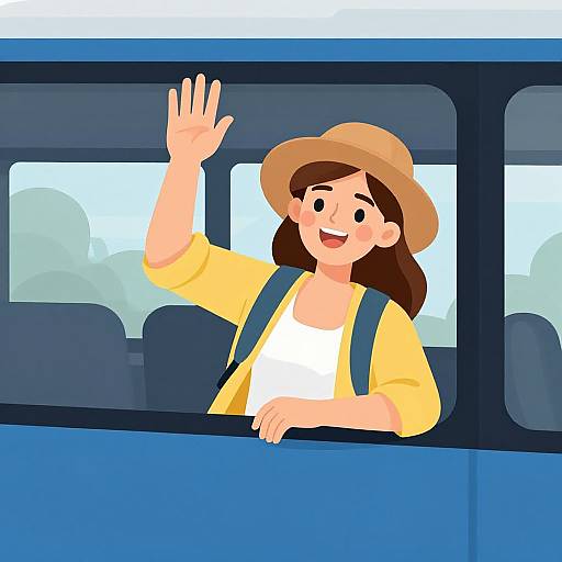 Cartoon-style illustration of a smiling woman with brown hair, wearing a yellow shirt, white blouse, and brown hat, waving from a blue bus.
