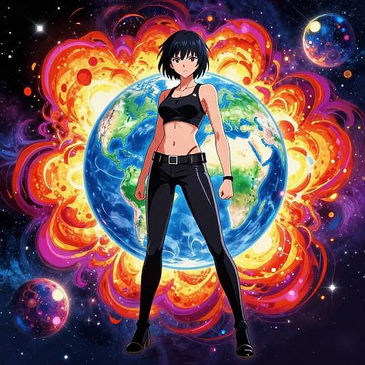 Digital anime artwork of a black-haired, red-eyed woman in a black crop top and pants, standing confidently in front of a fiery, glowing Earth in