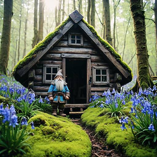 Tiny Dwarf and Mossy Wooden Cabin in Enchanted Forest