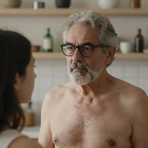 Older Shirtless Man Looking Intently at Woman Indoors