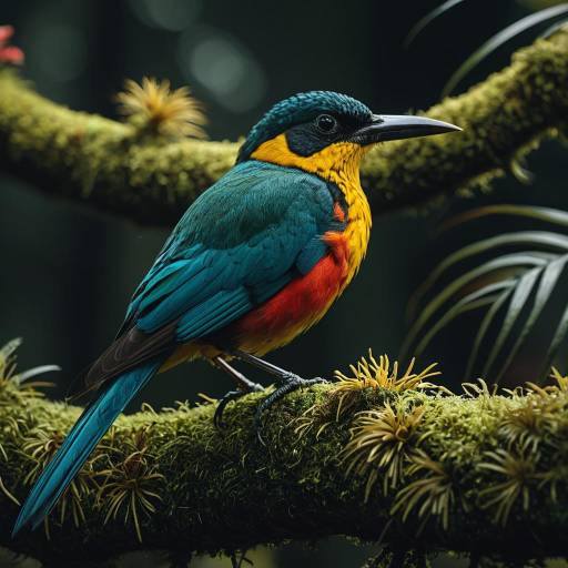 Vibrant tropical bird on mossy branch