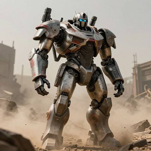 Photorealistic CGI of a towering, silver and black robotic warrior with glowing blue eyes, standing in a dusty, ruined urban landscape.