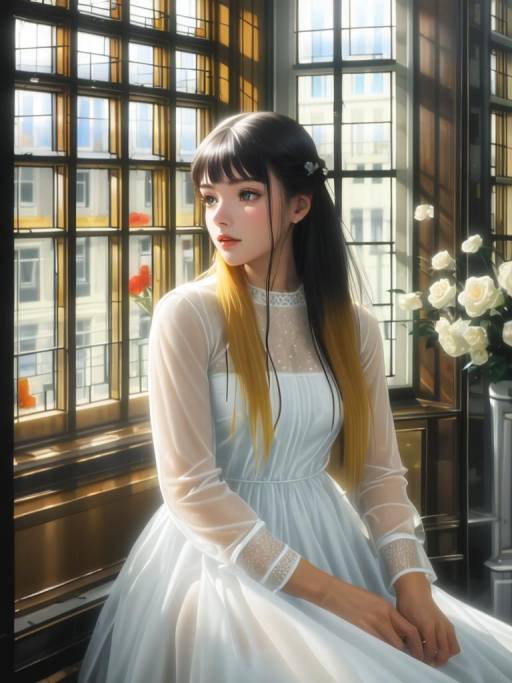 Young Woman in White Dress by Window