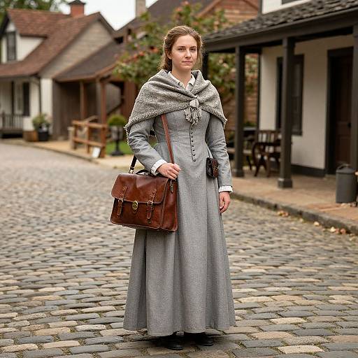 Photograph of a young Caucasian woman in a gray, long, Victorian-style dress with a shawl, brown leather satchel, standing on a