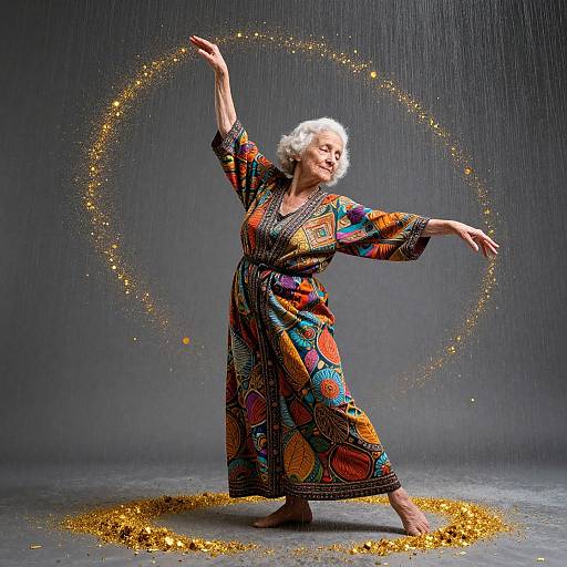 Photograph of an elderly woman with white curly hair, wearing a colorful, patterned robe, dancing barefoot in rain with golden glitter.