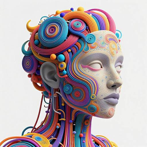 Digital artwork of a stylized, colorful, abstract human face and neck, featuring swirling patterns in vibrant reds, blues, oranges, and purples