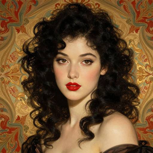 Digital portrait of a pale-skinned woman with curly black hair, red lipstick, and dark eyes against an ornate, gold and red floral background.