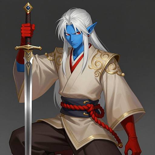 Blue-skinned Elf Warrior in Kimono Holding Sword