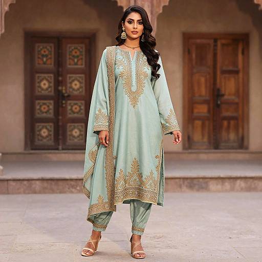 Photograph of a South Asian woman with long black hair, wearing a light turquoise traditional kameez with gold embroidery, standing in front of ornate