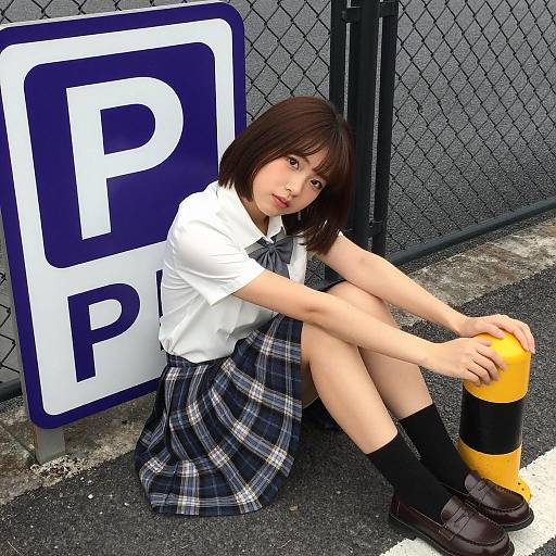 Casual Japanese Girl by Parking Sign