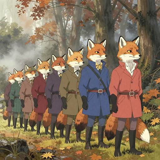 Anthropomorphic Fox Hunters in Autumn Forest