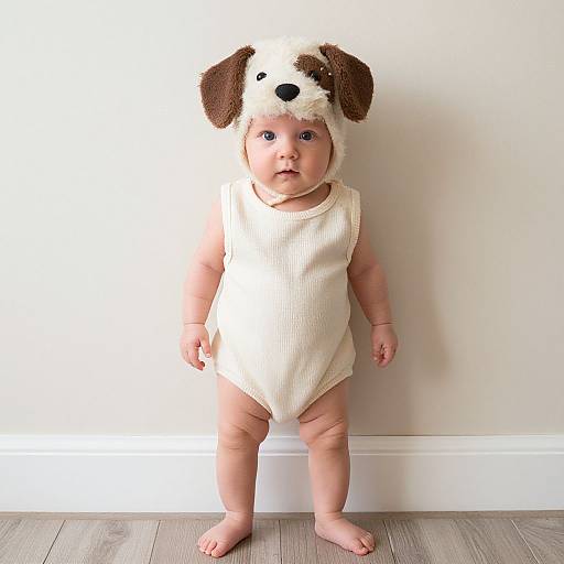 Photograph of a cute baby standing on wooden floor, wearing a white ribbed one-piece and a fluffy dog-eared hat.