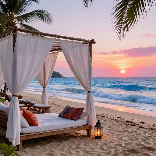 Photograph of a beach at sunset, featuring a white-canopied wooden bed with colorful pillows, lantern, and palm trees in the foreground.