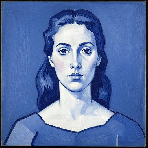Digital art portrait of a young woman with long dark hair, blue monochromatic tones, neutral expression, wearing a simple dark top, against a solid