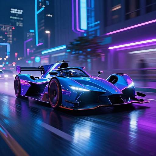 Neon-lit cyberpunk city street at night with a sleek, blue and purple glowing sports car speeding down the wet road.