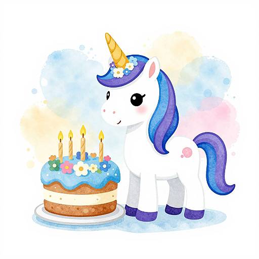 Cute digital watercolor of a white unicorn with blue mane and yellow horn, standing next to a colorful birthday cake with candles.