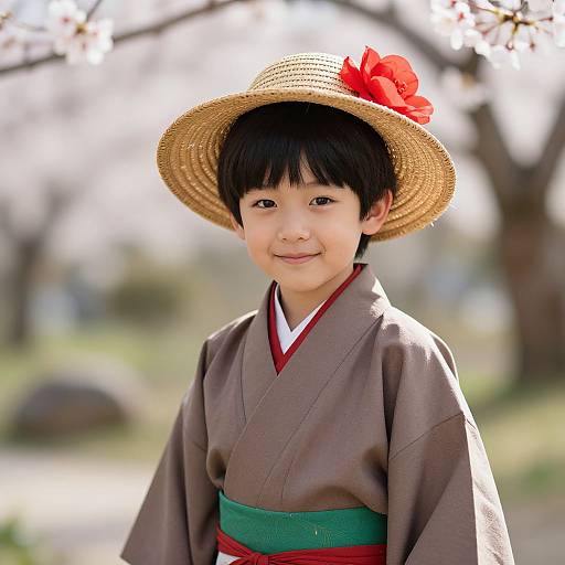 Photograph of an Asian boy in a brown kimono with green and red sash, wearing a straw hat with red flower, smiling outdoors in a