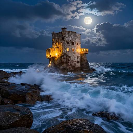Majestic Tower Over Moonlit Ocean
