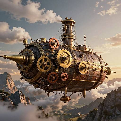 Steampunk airship with large gears and golden protrusions flying above mountainous cloudscape at sunset, detailed CGI art.