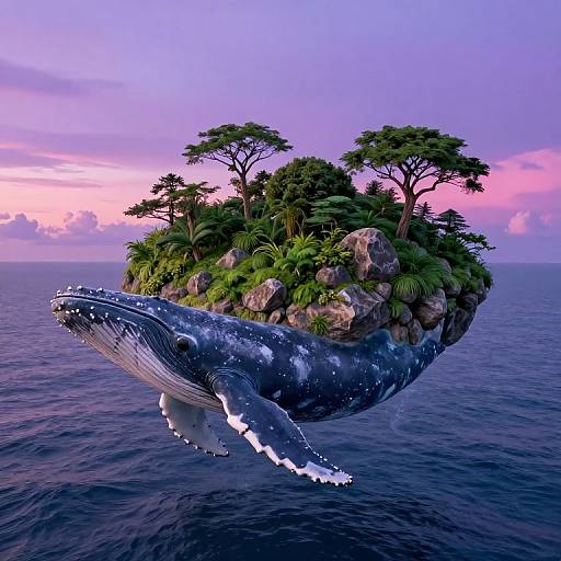 Photorealistic CGI of a floating island with lush green trees and rocks on top, supported by a large, detailed blue whale, against a purple and
