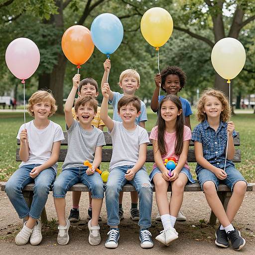 Diverse Kids on Park Bench with Balloons