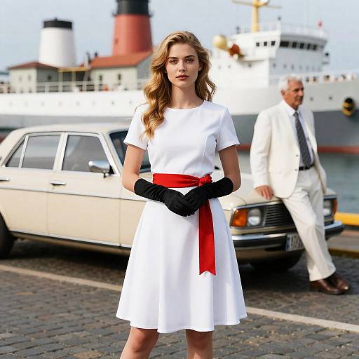 Fashionable Couple by Classic Car at Dock