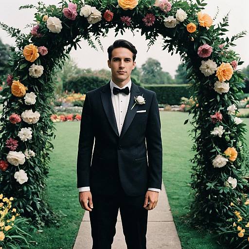 Man in Tuxedo by Floral Arch