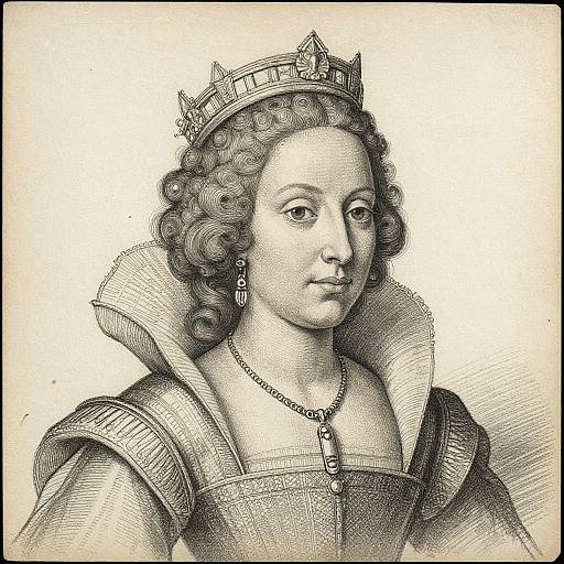 Black and white engraving of a 16th-century noblewoman with curly hair, wearing a crown, ruffled dress, necklace, and earrings.