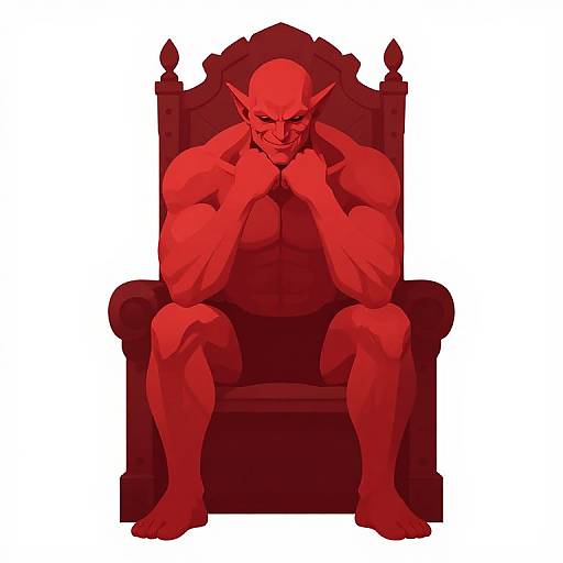 Digital illustration of a muscular red-skinned demon with pointed ears, sitting on an ornate dark red throne, hands resting on chin, expression sinister.