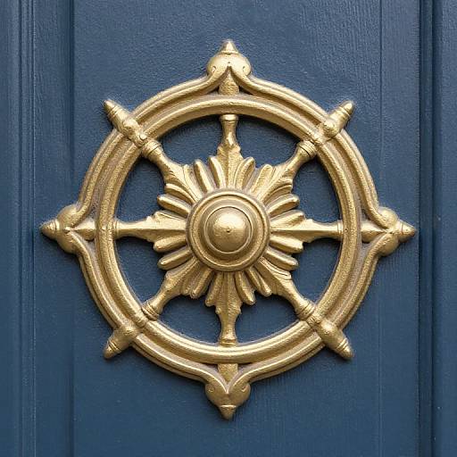 Golden, ornate ship's wheel with sunburst design, mounted on a rich blue wooden door, creating a striking contrast. Photograph.