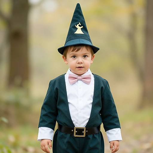 Photograph of a cute, fair-skinned toddler in a black wizard costume with white shirt, pink bowtie, black belt, and pointed hat,