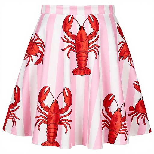 Photograph of a white skirt with bold red crab prints, featuring multiple crabs in different poses, creating a playful, nautical theme.